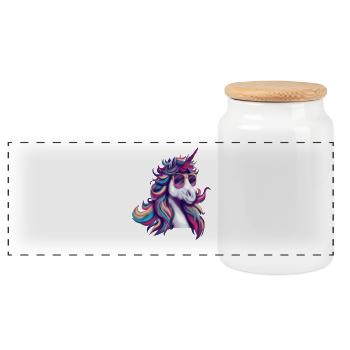 Cooles Einhorn mit Sonnenbrille – Pop Art - Panorama Keksdose mit Holzdeckel - Weiß - Vorne