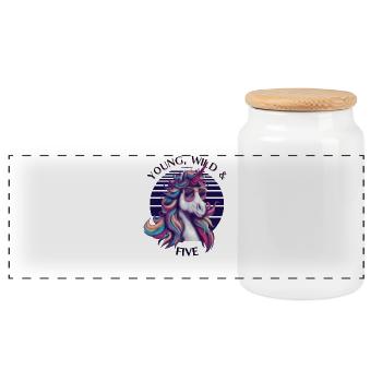 Young, Wild & Five – Einhorn Geburtstag Shirt - Panorama Keksdose mit Holzdeckel - Weiß - Vorne