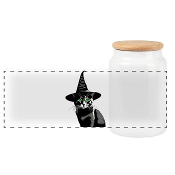 Katze grüne Augen Hexenhut Walpurgisnacht - Panorama Keksdose mit Holzdeckel - Weiß - Vorne