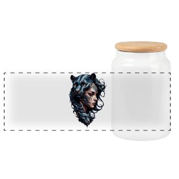 Leopard head and black woman. - Panoramic Cookie Jar with Wooden Lid - white - Front