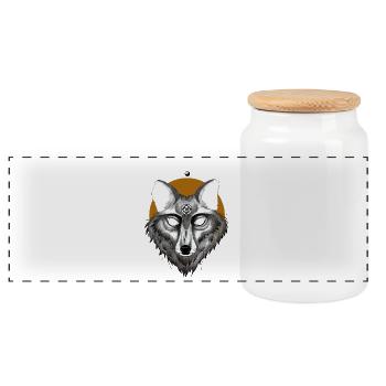 Mystischer Wolf mit Pentagramm Blick - Panorama Keksdose mit Holzdeckel - Weiß - Vorne