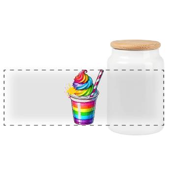 Genuss für die Sinne:Regenbogen Milchshake Becher - Panorama Keksdose mit Holzdeckel - Weiß - Vorne