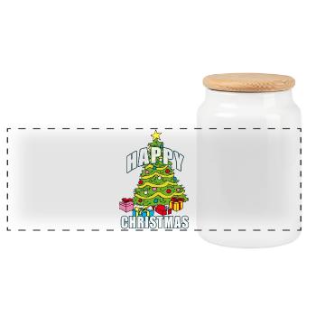 HAPPY CHRISTMAS | Weihnachtsbaum - Panorama Keksdose mit Holzdeckel - Weiß - Vorne