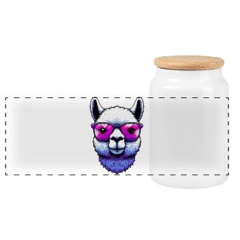 Alpaca with Sunglasses - Panoramic Cookie Jar with Wooden Lid - white - Front