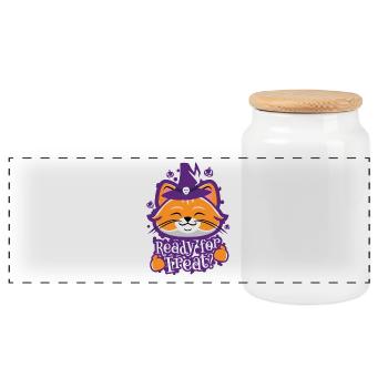 Cute Funny Halloween Kitty - Panoramic Cookie Jar with Wooden Lid - white - Front