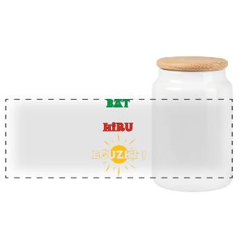 Defeated Bi Hiru Eguzki! 1, 2, 3 sun in Basque - Panoramic Cookie Jar with Wooden Lid - white - Front
