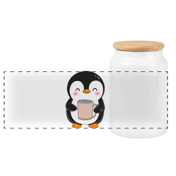 Niedlicher Pinguin mit Kaffeetasse - Entzückendes Design - Panorama Keksdose mit Holzdeckel - Weiß - Vorne