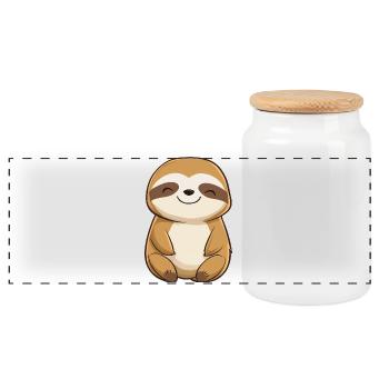 Cute Relaxed Happy Sloth - Adorable Cartoon Design - Panoramic Cookie Jar with Wooden Lid - white - Front