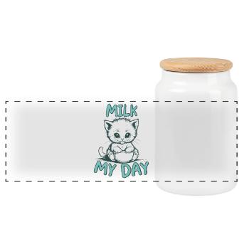 Milk My Day Cats Shirt - Panoramic Cookie Jar with Wooden Lid - white - Front