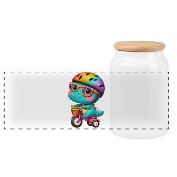 Petit dino avec vélo et casque - Boîte à biscuits avec couvercle en bois - blanc - Devant
