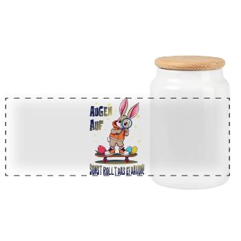 Hase auf Skateboard - Panorama Keksdose mit Holzdeckel - Weiß - Vorne
