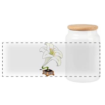 Lilie als Grammophon – Nostalgisches Blumendesign - Panorama Keksdose mit Holzdeckel - Weiß - Vorne