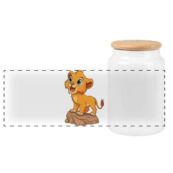 Cheerful Baby Lion Cub Roaring, on a Rock v03 - Panoramic Cookie Jar with Wooden Lid - white - Front