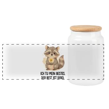 Raccoon with Flower – Gentle - Panoramic Cookie Jar with Wooden Lid - white - Front