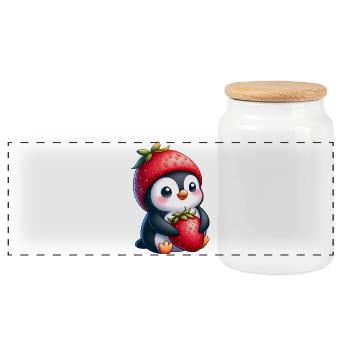 Cute Penguin with Strawberry Cartoon Summer Fun - Panoramic Cookie Jar with Wooden Lid - white - Front