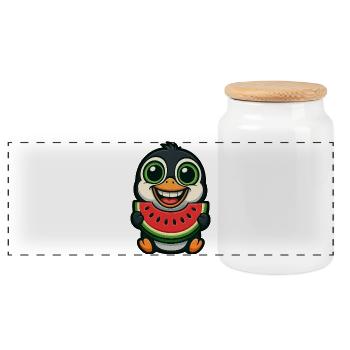 Funny Penguin with Watermelon Summer Cartoon - Panoramic Cookie Jar with Wooden Lid - white - Front