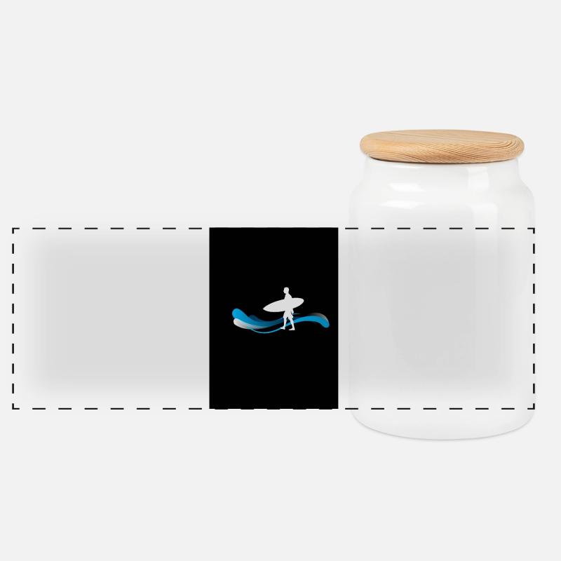 Surfer Silhouette auf Wellen - Panorama Keksdose mit Holzdeckel - Weiß