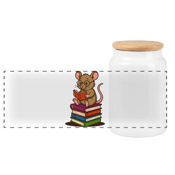 Bookworm with glasses and stack of books - Panoramic Cookie Jar with Wooden Lid - white - Front