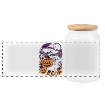 Halloween Skeleton Witch with Pumpkins - Panoramic Cookie Jar with Wooden Lid - white - Front