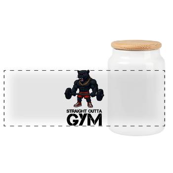 Starkes Panther-Maskottchen mit Gewichtheber - Panorama Keksdose mit Holzdeckel - Weiß - Vorne