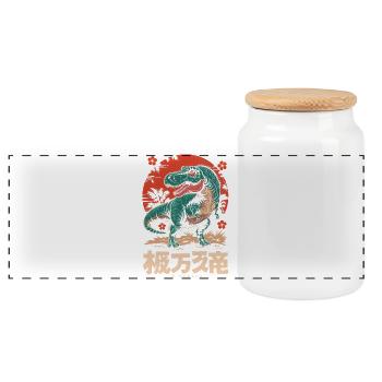 Retro Japanese Dinosaur - Panoramic Cookie Jar with Wooden Lid - white - Front