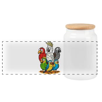 Lively Parrot Gang Illustration - Panoramic Cookie Jar with Wooden Lid - white - Front