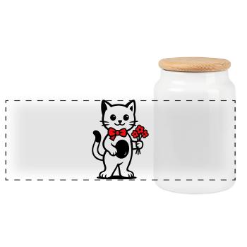 Kawaii Katzenfreund mit roter Schleife - Panorama Keksdose mit Holzdeckel - Weiß - Vorne