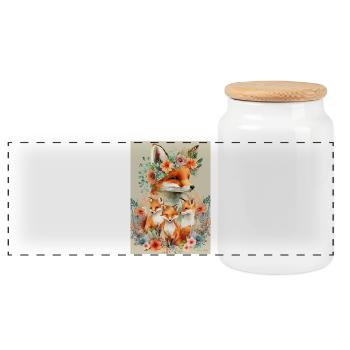 Fox family in flower wreath - Panoramic Cookie Jar with Wooden Lid - white - Front