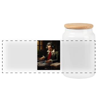 classical vibes Mozart DJ - Panoramic Cookie Jar with Wooden Lid - white - Front