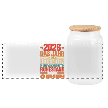 2026 Legende Ruhestand – Rentner Pensionär Geschen - Panorama Keksdose mit Holzdeckel - Weiß - Vorne