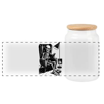 Reading skeleton in reading chair - Panoramic Cookie Jar with Wooden Lid - white - Front