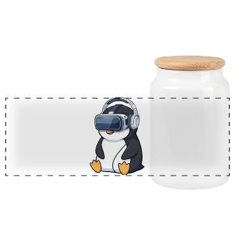 Mignon Pingouin Gamer Dessin animé Gamer VR Play - Boîte à biscuits avec couvercle en bois - blanc - Devant