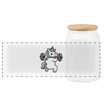 Muscular Unicorn – Rainbow Squat and Good Humeu - Panoramic Cookie Jar with Wooden Lid - white - Front