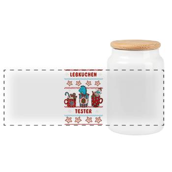 Christmas Gingerbread Tester with Dino Dinosaur - Panoramic Cookie Jar with Wooden Lid - white - Front