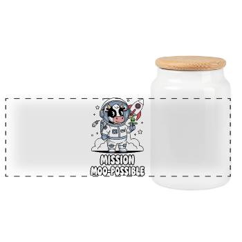 Mission Moo-possible Space Cow Design - Panoramic Cookie Jar with Wooden Lid - white - Front