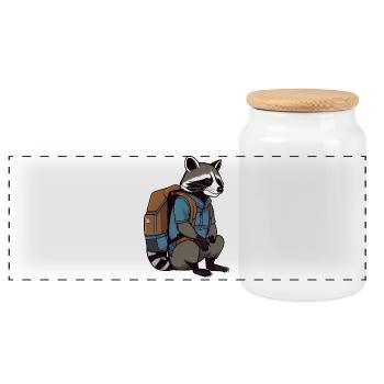Wandering raccoon with backpack - Panoramic Cookie Jar with Wooden Lid - white - Front