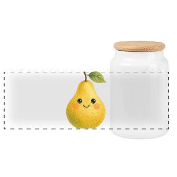 Yellow Pear with Face Watercolor Fruit Baby Child - Panoramic Cookie Jar with Wooden Lid - white - Front