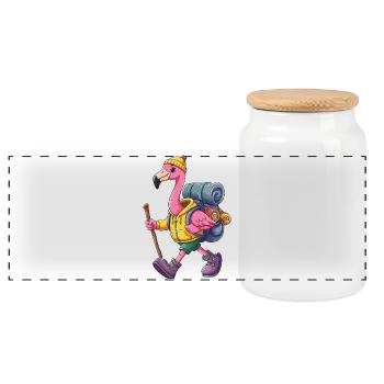 Cute Flamingo Hiking Camping Adventure Backpacker - Panoramic Cookie Jar with Wooden Lid - white - Front
