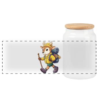 Cute Deer Hiking Camping Adventure Backpacker - Panoramic Cookie Jar with Wooden Lid - white - Front