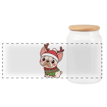 Welpen-Weihnachtsmütze und grüner Pullover - Panorama Keksdose mit Holzdeckel - Weiß - Vorne