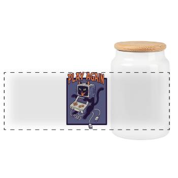 Play Again: Retro Cat with Game Console - Panoramic Cookie Jar with Wooden Lid - white - Front