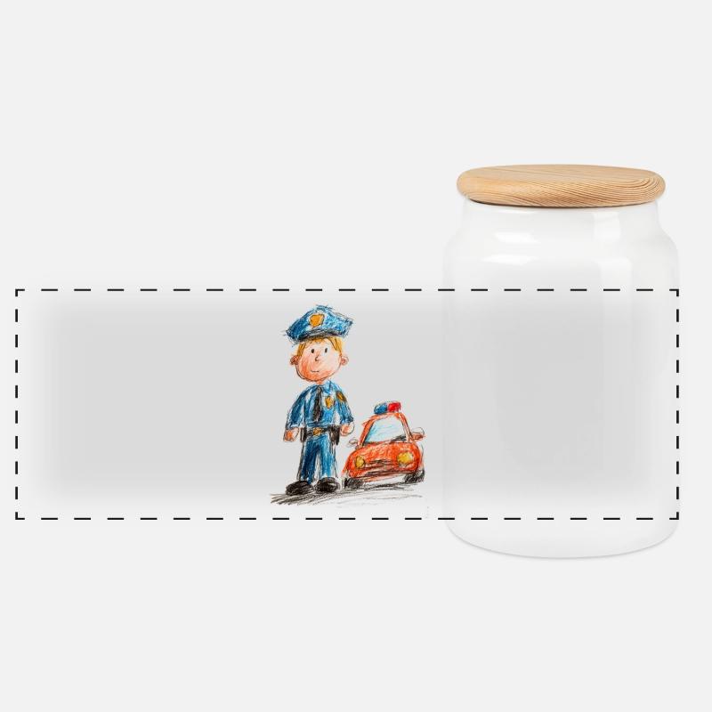 Policeman in children's cartoon - Panoramic Cookie Jar with Wooden Lid - white