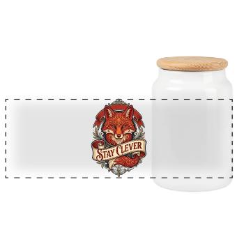 Fuchs mit Ornamenten – Stay Clever - Panorama Keksdose mit Holzdeckel - Weiß - Vorne