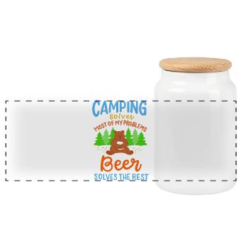 Funny Camping Bear Beer Solves Problems Art - Panorama Keksdose mit Holzdeckel - Weiß - Vorne