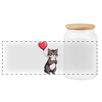Katze mit Herz Ballon Geschenk Geburtstag - Panorama Keksdose mit Holzdeckel - Weiß - Vorne