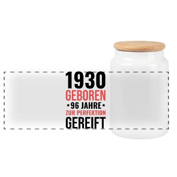 1930 geboren – Zur Perfektion gereift - Panorama Keksdose mit Holzdeckel - Weiß - Vorne
