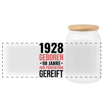 Born in 1928 – Matured to perfection - Panoramic Cookie Jar with Wooden Lid - white - Front