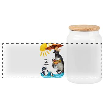 Vacances avec un manchot sur la plage et cocktail - Boîte à biscuits avec couvercle en bois - blanc - Devant
