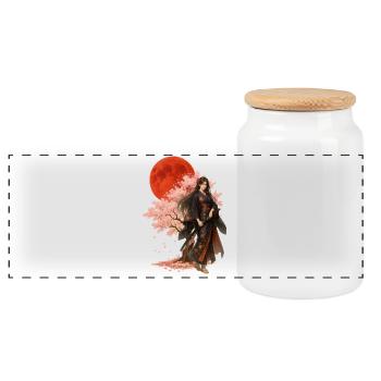 Beautiful Warrior | Oriental Japanese Art - Panoramic Cookie Jar with Wooden Lid - white - Front