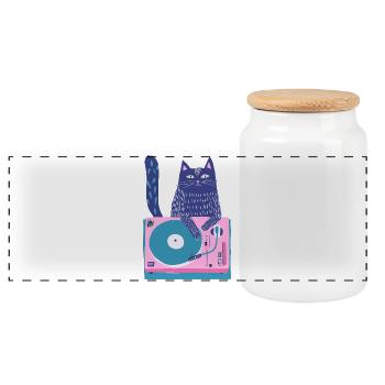 Purple Cat DJ on Turntable - Panoramic Cookie Jar with Wooden Lid - white - Front